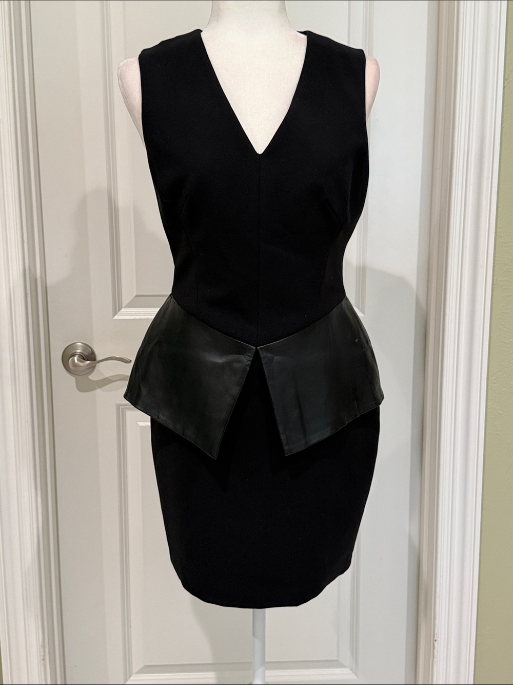 Sleeveless Black V-Neck Leather Like Peplum Little Black Dress LBD